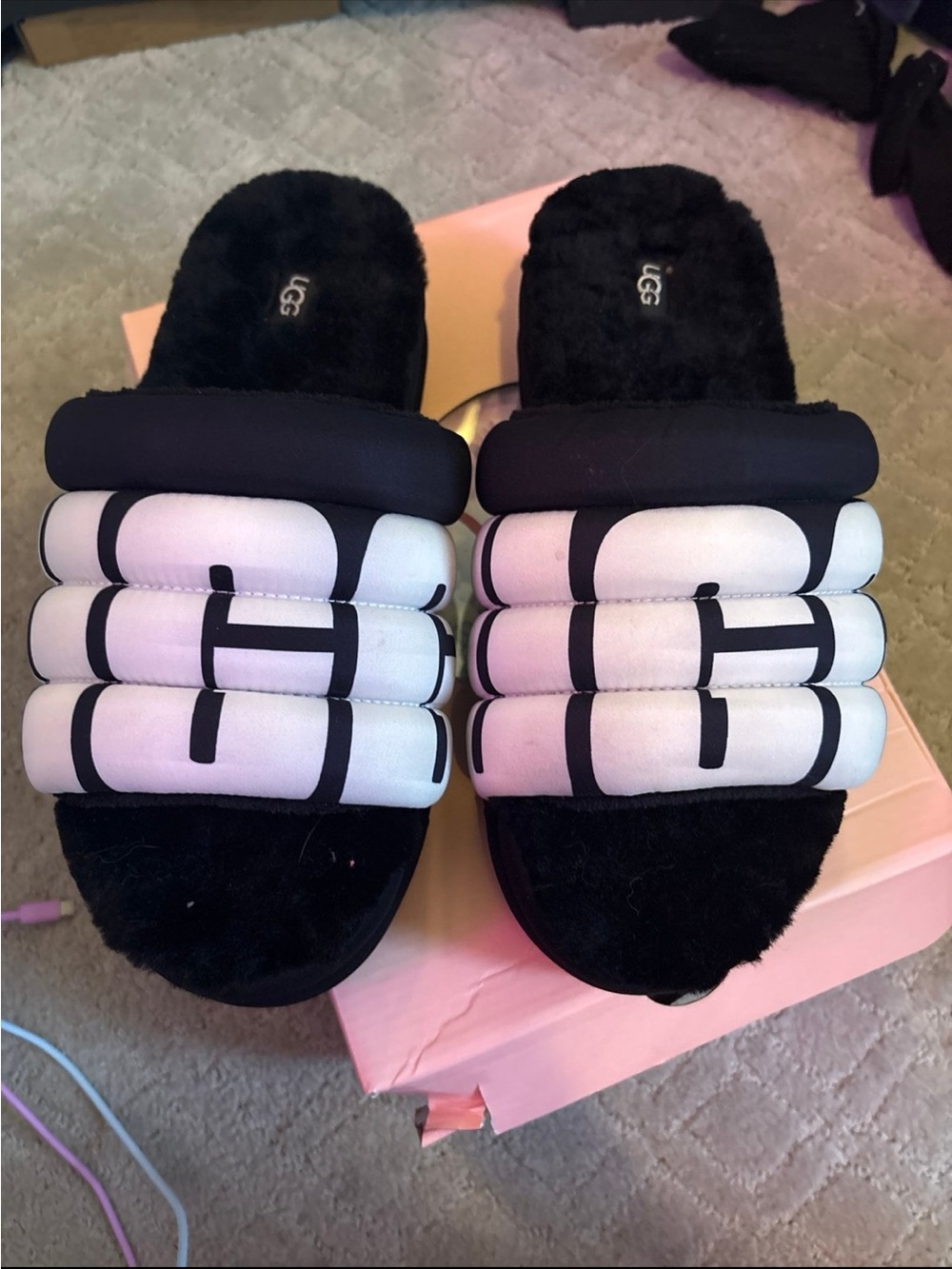 UGG Black and White Quilted Maxi Slides